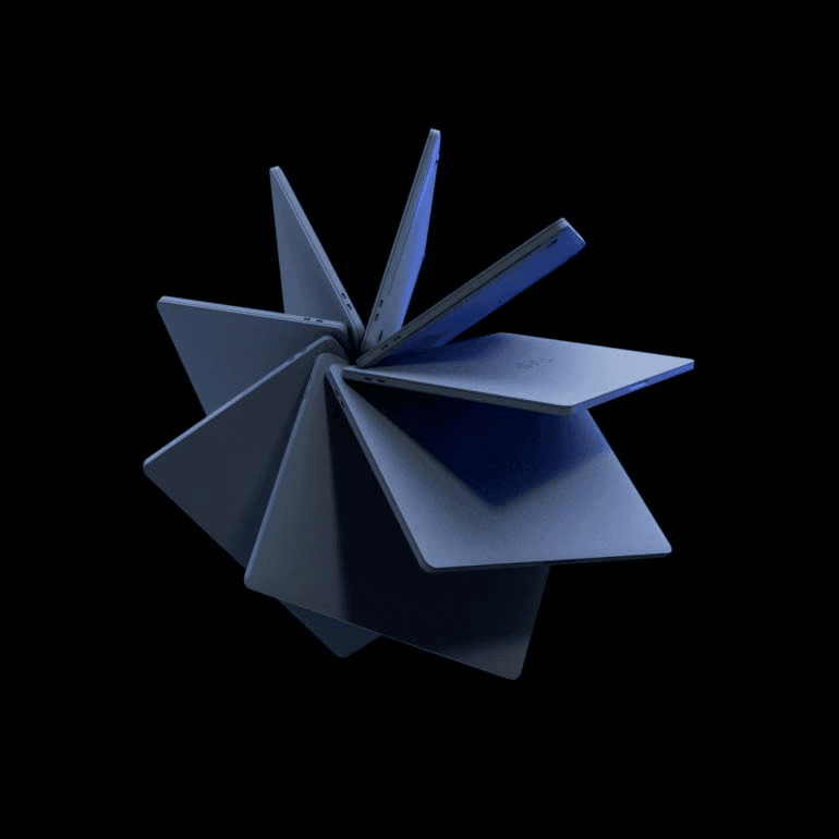 Composição tridimensional de notebooks representando a evolução prática na Pós Tech.